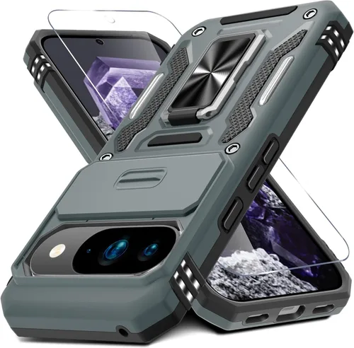 Vista 15 de DEERLAMN Funda para Google Pixel 8 con cubierta deslizante para cámara + protector de pantalla (1 paquete), soporte de anillo giratorio grado