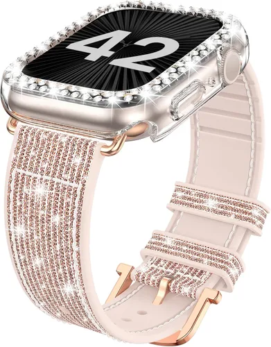 Vista 11 de Goton Bling - Correa de silicona brillante compatible con Apple Watch de 1.772 pulgadas (45mm) con protector de borde [sin vidrio], correa que
