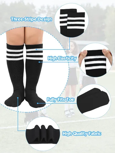 Vista 4 de Century Star Calcetines de fútbol para niños, calcetines de uniforme para niñas, calcetines altos hasta la rodilla, calcetines de tubo con rayas