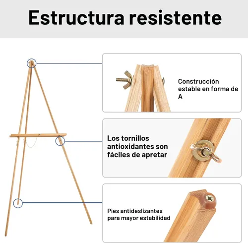Vista 4 de Caballete de trípode con marco en A de 65 pulgadas, caballete de exhibición de madera con soporte de lona ajustable, caballete de suelo