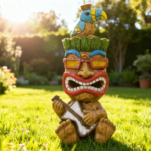 Vista 10 de Estatua de Tiki para exteriores con decoración de tortuga, figura de jardín con energía solar, arte Tiki para Tiki bar, patio trasero, jardín