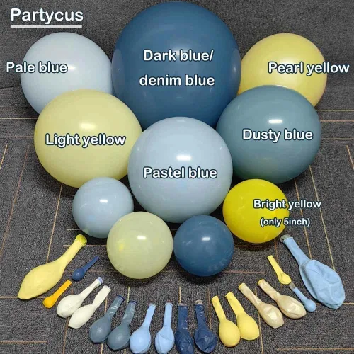 Vista 3 de Kit de arco de globos azul polvoriento, amarillo, doble relleno, azul pastel oscuro, amarillo claro, guirnalda de globos de perlas para cumpleaños