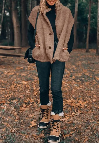Vista 9 de Hongqizo - Chaleco de forro polar mullido para mujer, casual, de gran tamaño, cálido, con botones, chaqueta de sherpa con bolsillos