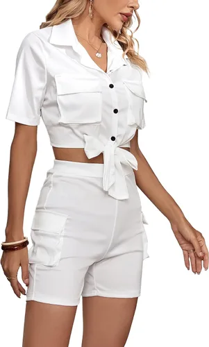 Vista 4 de Umenlele Conjunto de 2 piezas para mujer, cuello en V, manga corta, vendaje, ombliguera, conjunto de sudadera corta con bolsillo