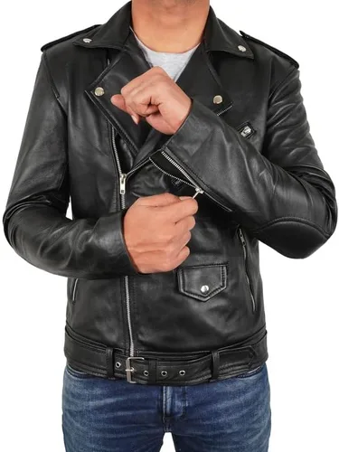 Vista 2 de SpazeUp Chaqueta de cuero negro para hombre - Asimétrico Brando Style Casual Chaqueta de cuero real para hombre