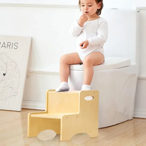 Vista 2 de WOOD CITY Taburete de Paso de Madera para Niños Pequeños, Taburete para Baño y Cocina, Taburete Natural de Dos Niveles para Dormitorio, Taburete