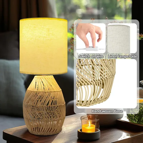 Vista 3 de Lámpara de mesita de noche estilo Boho de ratán - Lámpara tejida de bambú hecha a mano con 3 temperaturas de color para mesita de noche y sala