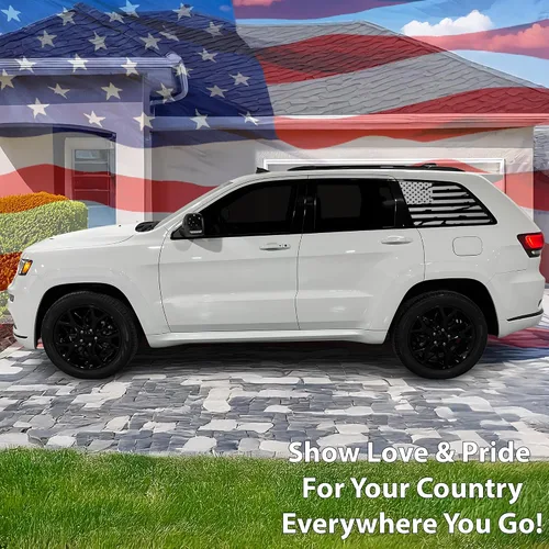 Vista 2 de Bogar Tech Designs - Calcomanías precortadas para ventana trasera de cuarto lateral de la bandera estadounidense compatibles con Jeep Grand Cherokee
