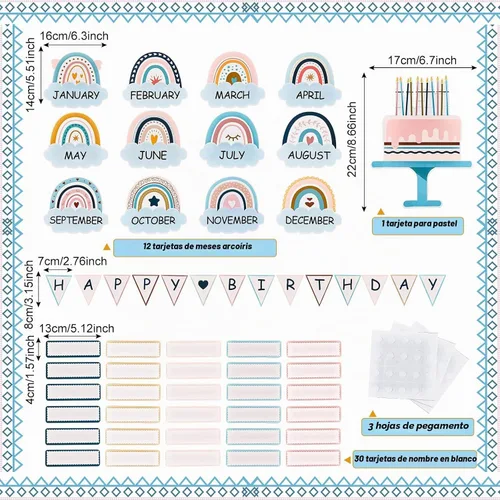 Vista 2 de 60 Piezas de Decoración Bohemia para Aula, Juego de Decoraciones para Tablón de Anuncios de Cumpleaños, Decoración de Tablón de Anuncios Arcoíris