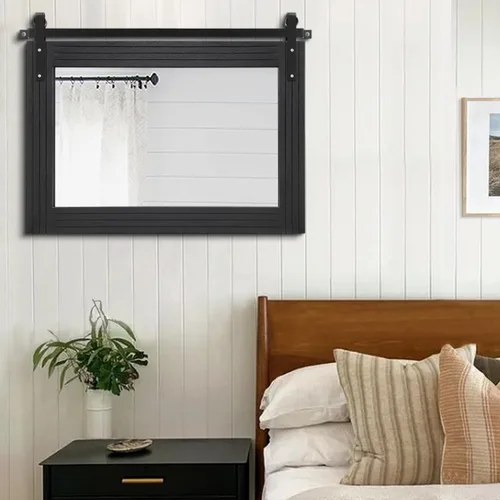 Vista 5 de AAZZKANG Espejo con marco de madera, estilo de puerta de granero, rectangular, decorativo, baño, dormitorio, tocador, decoración de pared del hogar