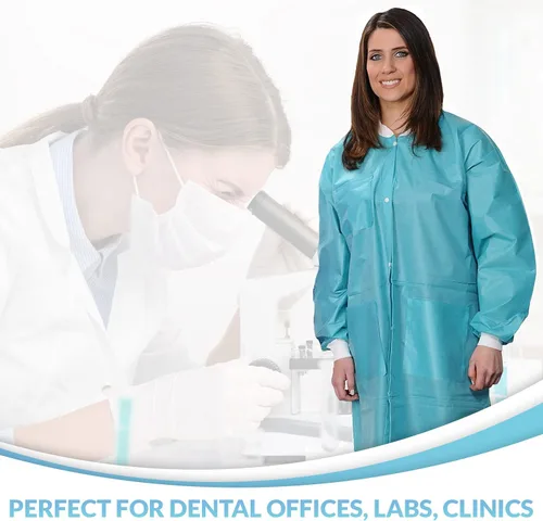 Vista 5 de 10 abrigos de laboratorio desechables Abrigo de laboratorio reutilizable duradero de 1.76 oz SMS hasta la rodilla con puños y bolsillos de punto