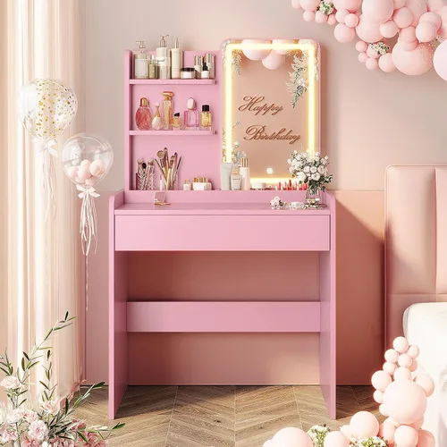 Vista 10 de Memobarco Escritorio pequeño con espejo y luces, tocador de maquillaje con cajón y estantes de almacenamiento, escritorio de tocador con 3 modos