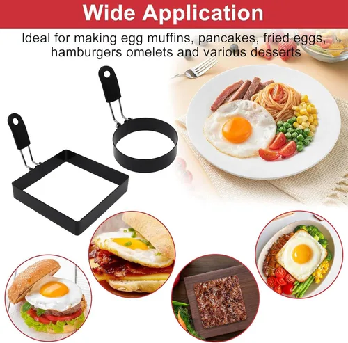 Vista 7 de 4 Pack Egg Rings for Frying Eggs with Foldable Handle, Stainless Steel Square & Round Egg Shaper, Eggs Mcmuffin Ring Mold for Camping Pancake