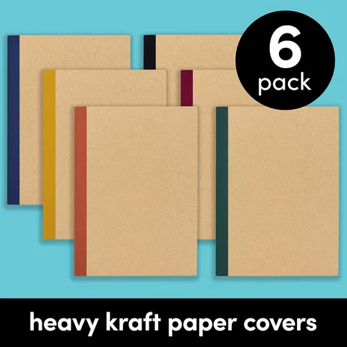 Vista 3 de PAPERAGE Paquete de 6 cuadernos de composición, 120 páginas, cubierta de papel kraft con lomo de tono de joya, papel rayado con rayas