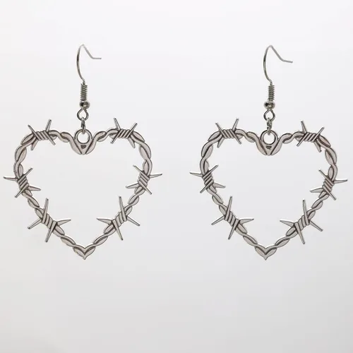 Vista 9 de Aretes góticos de alambre de púas con forma de corazón de espina dorada y plata, estilo punk, aretes grandes con forma de corazón rosa, aretes