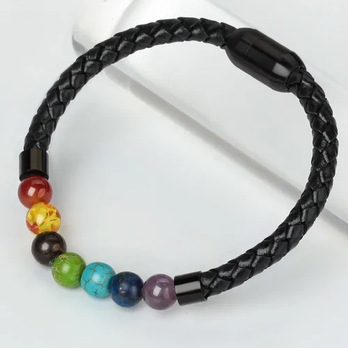 Vista 6 de Pulsera de cuentas de cuero genuino con cierre magnético de 8.5 pulgadas