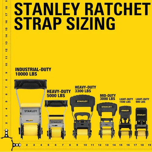 Vista 3 de STANLEY S10002-12 Correas de trinquete negras/amarillas de 1" X 12' - Carga de trabajo segura de 500 LBS / Fuerza de rotura de 1,500 LBS, paquete