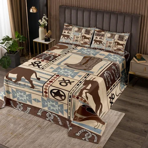 Vista 19 de Colcha acolchada rústica de Texas con estrellas del oeste de Texas para niños y niñas, color azul marino, juego de cubrecama de madera