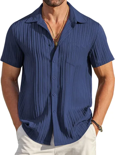 Vista 18 de COOFANDY - Camisas de botones casuales para hombre, de manga corta, con textura, camisa de playa de verano con bolsillo