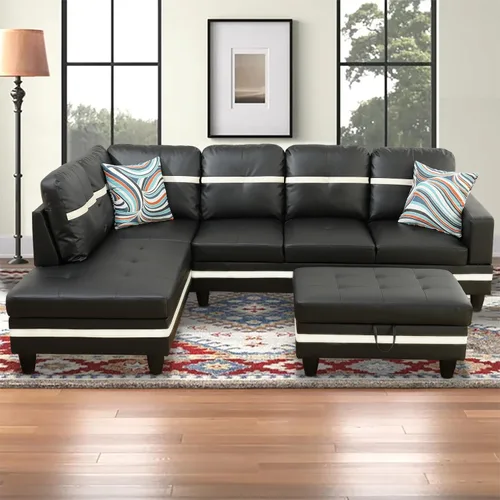 Vista 7 de Sofá modular para sala de estar, sofá seccional de cuero marrón en forma de L con diván y otomano de almacenamiento para sala de estar, B- marrón