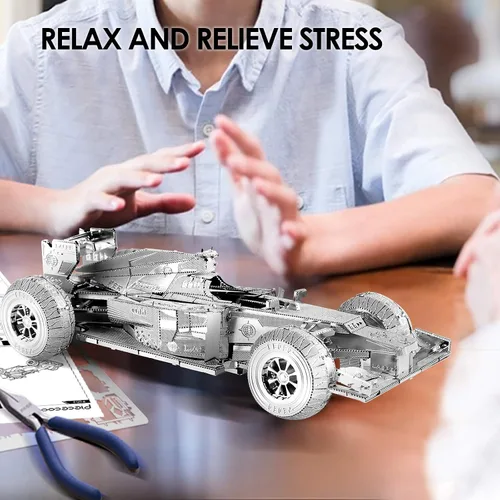 Vista 6 de Piececool Rompecabezas de metal 3D, kits de modelo de coche de fórmula plateada, kits de autos de modelo de metal 3D para construir para adultos