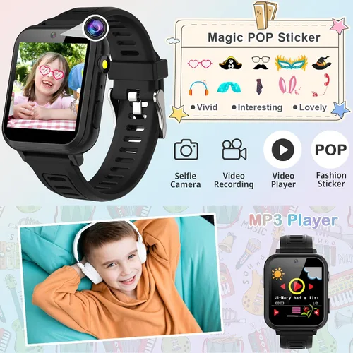Vista 5 de Reloj inteligente AIWIEP para niños con 24 juegos, pantalla táctil, reproductor de música, cámara, reloj despertador, calculadora, linterna, 12/24