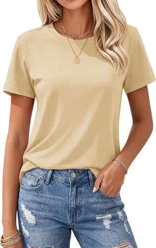 Vista 20 de MAGCOMSEN Camisetas de algodón para mujer de manga corta con cuello redondo, camisetas de ajuste clásico y transpirables de verano a1-Negro