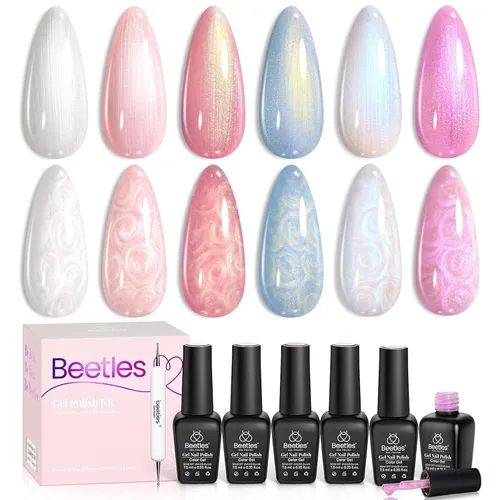 Vista 22 de Beetles - Juego de esmaltes de gel blanco y negro, 6 colores plateados, ojo de gato, purpurina brillante con imán, arte de uñas UV LED, hogar, salón