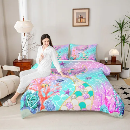 Vista 2 de Erosebridal Juego de edredón tamaño individual para niñas, juegos de ropa de cama de sirena para niñas y niños pequeños, edredón de escamas de peces
