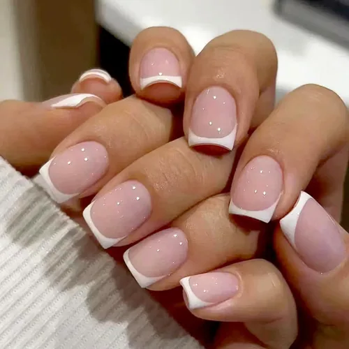 Vista 7 de Uñas postizas a presión con punta francesa de flores blancas, uñas postizas cuadradas de longitud media, uñas postizas con degradado rosa con diseño