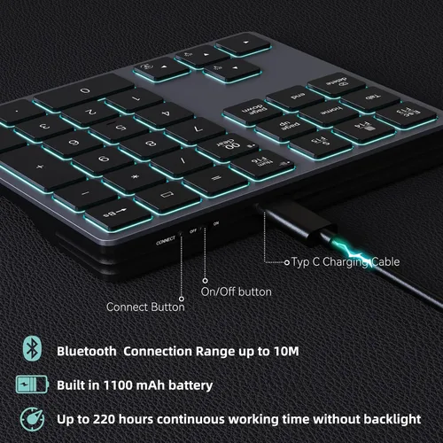 Vista 9 de Doohoeek Teclado numérico Bluetooth retroiluminado para computadoras portátiles y computadoras, almohadillas numéricas de 34 teclas con Gris