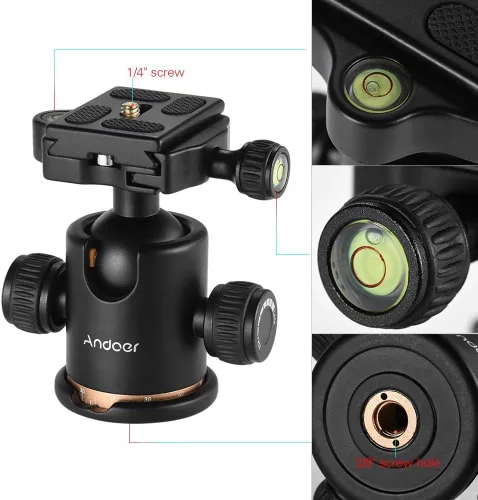 Vista 3 de Andoer cabezal de trípode, con rotación de 360 grados. Trípode para cámara con placa de liberación rápida y cabeza de bola, carga máxima de 8 kg