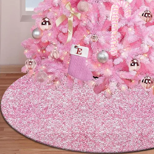 Vista 2 de Falda de Árbol de Navidad Rosa, Falda de Árbol de Lentejuelas Brillantes Rosa de 36 Pulgadas, Alfombrillas de Árbol de Navidad de Purpurina
