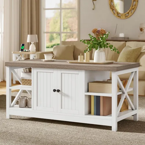 Vista 9 de YITAHOME Mesa de centro para sala de estar, mesa de café moderna de estilo granja con almacenamiento, mesa de centro de 2 niveles, mesa de acento