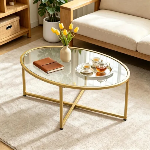 Vista 3 de Wolawu Mesa de centro ovalada dorada de vidrio para sala de estar, mesas de té modernas con marco de metal dorado para espacios pequeños, mesa