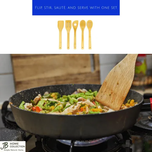 Vista 2 de JapanBargain, Juego de utensilios de cocina de bambú de 5 piezas, 12 ″ - Espátula, girador y cuchara - Herramientas de cocina ecológicas