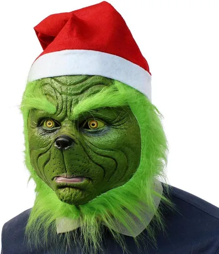Vista 6 de Máscara de disfraz verde de Navidad, máscara de Halloween, máscara de monstruo de cosplay, máscara de látex de cabeza completa, accesorios