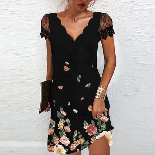 Vista 2 de Ladies Casual Positioning Print Wave V-Neck Lace Panel Short Sleeve Dress Summer Gift for Women