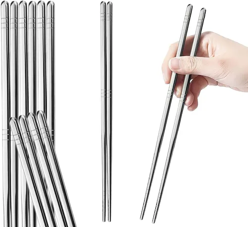 Vista 8 de Juego de 4 palillos y cucharas coreanas, juego de metal de acero inoxidable, juego de mango largo plano reutilizable para el hogar, cocina