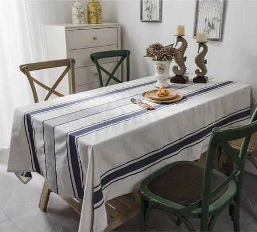 Vista 5 de ArtBud Mantel blanco y azul de lino de algodón, suave, lavable, para fiestas, café, cocina, decoración de rayas