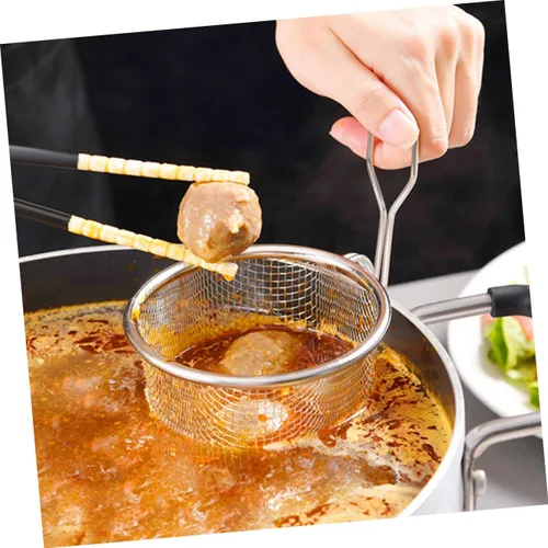 Vista 6 de Colador de pasta de acero inoxidable con mango de malla fina y herramienta de cocina para cocinar y drenar, diseño compacto para un fácil