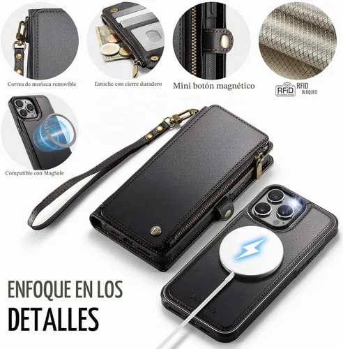 Vista 8 de Defencase Funda Cartera Magnética para iPhone 14 Pro Compatible con Magsafe con Bloqueo RFID Portador de Tarjetas con Correa de Cremallera