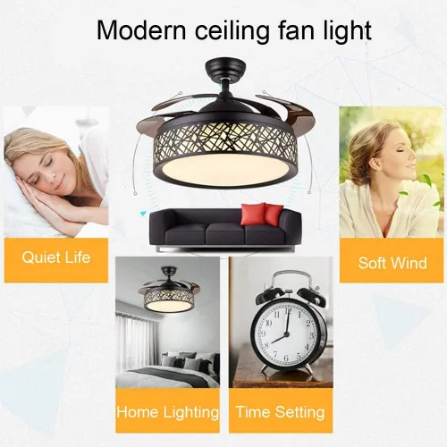 Vista 4 de Ventilador de techo invisible de 42 pulgadas con luz y control remoto, acabado negro, aspas retráctiles, ventiladores con luces LED, 3 cambios