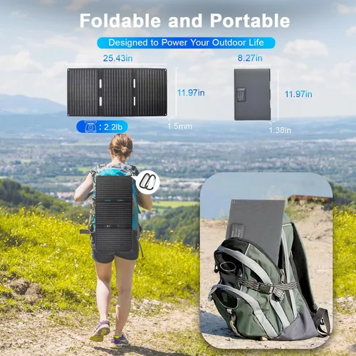 Vista 5 de Panel solar portátil de 30W, cargador de panel solar plegable con QC3.0 USB-A USB-C y salida DC para teléfono/banco de energía/iPad/estación