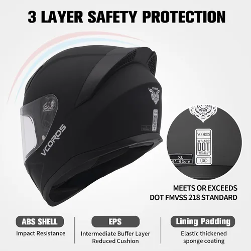Vista 3 de Casco integral de motocicleta para adultos, aprobado por DOT, WS-609, casco de carreras de motocicleta de calle con visera negra (negro mate, L)