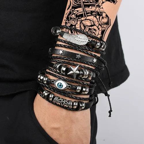 Vista 4 de Pulsera de cuero punk para hombre, 8-10 piezas, trenzada, cuentas de madera, calavera, metal, pulsera de cuero