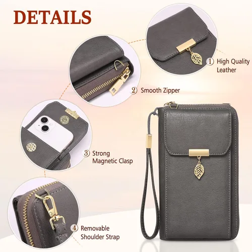 Vista 5 de Bolso cruzado pequeño para teléfono celular para mujer, bolso cruzado de cuero con bloqueo RFID, bolso cruzado de gran capacidad para teléfono