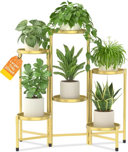 Vista 32 de LASZOLA Soporte plegable para plantas de interior de 7 niveles para múltiples macetas grandes, estante ajustable alto y resistente con bandeja de 10