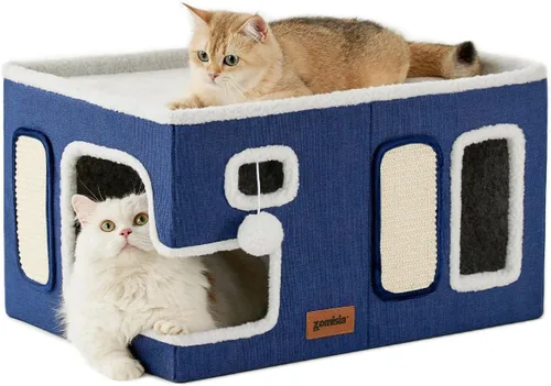 Vista 14 de ZOMISIA Casa térmica para gatos de interior – Cama grande de calentamiento para gatos para invierno con bola esponjosa colgante y almohadilla