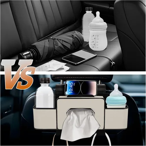 Vista 3 de Organizador de asiento trasero de automóvil con pañuelos, caja de pañuelos para el respaldo del asiento del automóvil y gancho de almacenamiento